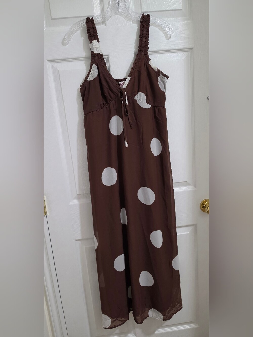 Brown Polka Dot Maxi Dress with Adjustable Tie